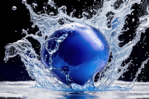 Uma bola azul está espirrando em um respingo de água.