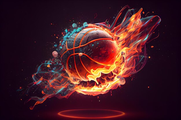 Foto uma bola brilhante queimando em chamas laranjas emitindo calor e fumaça para basquete competitivo uma representação visual da loucura e excitação do jogo generativo ai