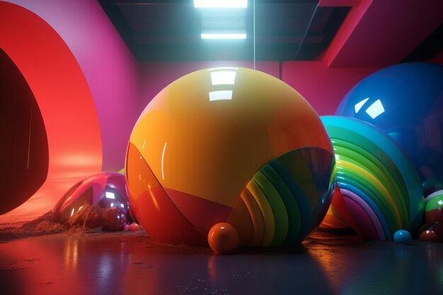 Uma bola colorida está no chão em uma sala com uma parede rosa e uma bola vermelha e amarela no chão.