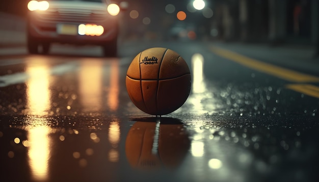 Uma bola de basquete está parada na estrada em frente a um carro.