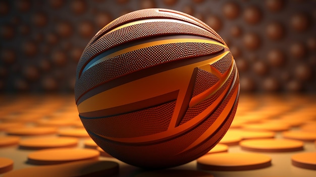 Uma bola de basquete está sobre uma mesa em uma sala com um papel de parede escrito basquete.