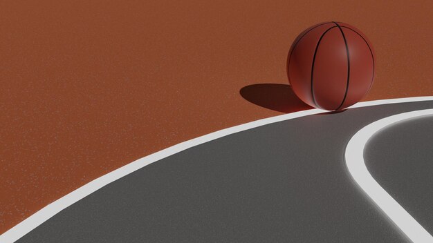 Uma bola de basquete laranja em uma quadra de basquete com curva com renderização em 3d de linha