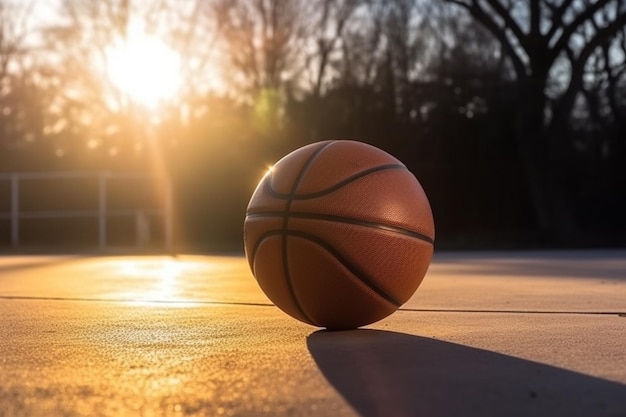 Uma bola de basquete no chão ao sol