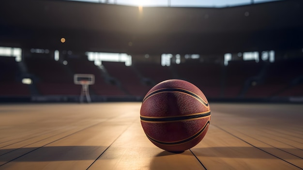 Uma bola de basquete no chão de uma quadra de basquete