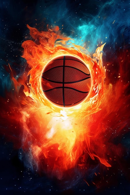 Uma bola de basquete pegando fogo com fogo no meio