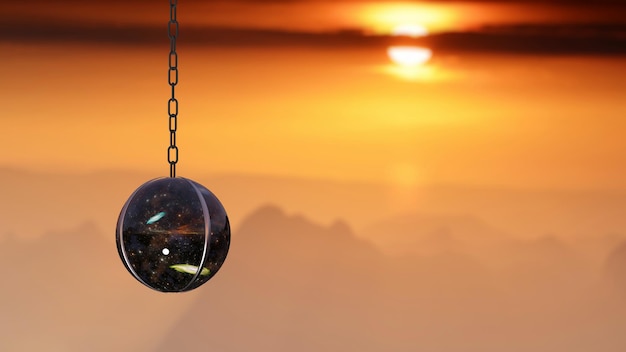 Uma bola de colar que contém um universo com fundo de cordilheira em uma manhã (3D Rendering)