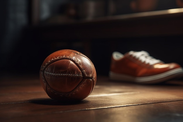 Uma bola de couro está sobre uma mesa de madeira ao lado de um par de sapatos.