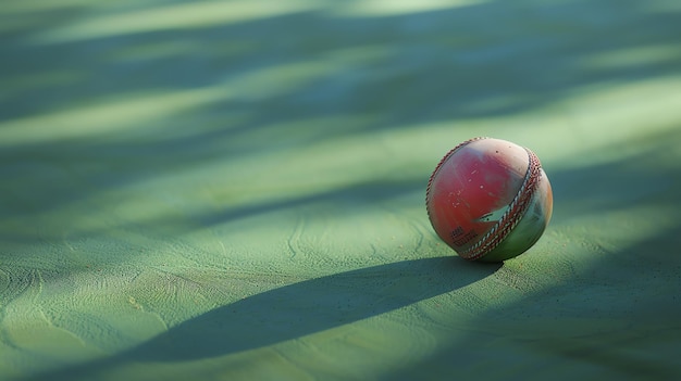 Uma bola de críquete bem iluminada repousa em um campo gramado lançando uma longa sombra A bola é vermelha e tem uma superfície brilhante