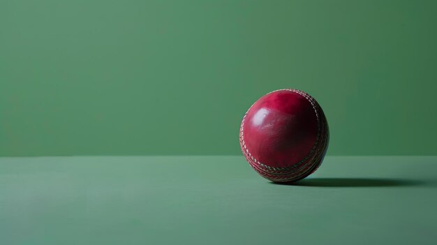 Uma bola de críquete de couro vermelho com uma costura está sentada em uma mesa verde a bola está em foco e o fundo está fora de foco