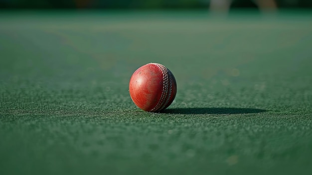 Uma bola de críquete de couro vermelho senta-se num campo verde a bola é velha e esfregada e o gramado verde está desgastado e seco