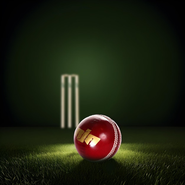 Uma bola de críquete vermelha com a letra m na frente de um campo de críquete.