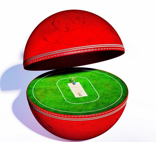 Foto uma bola de críquete vermelha com um pedaço de grama verde no interior.