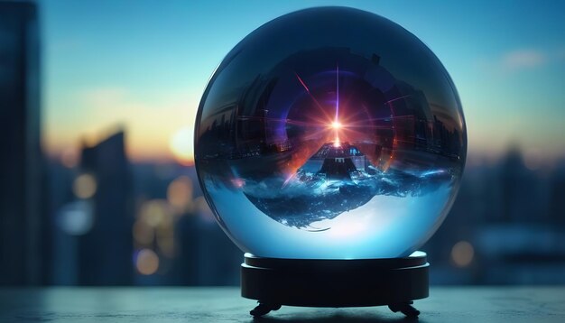Uma bola de cristal de retrato com fundo futurista