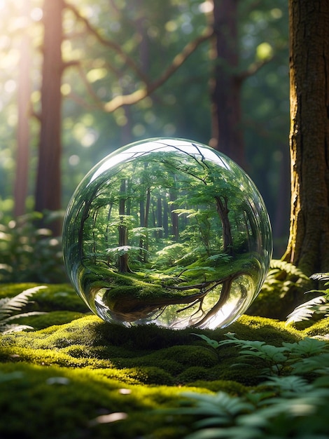 Uma bola de cristal no chão da floresta coberta de musgo verde refletindo a floresta que a rodeia