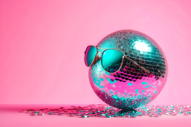 Uma bola de discoteca com óculos de sol em um fundo rosa