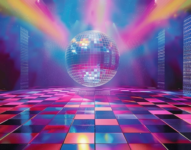 uma bola de discoteca está em uma pista de dança com quadrados coloridos