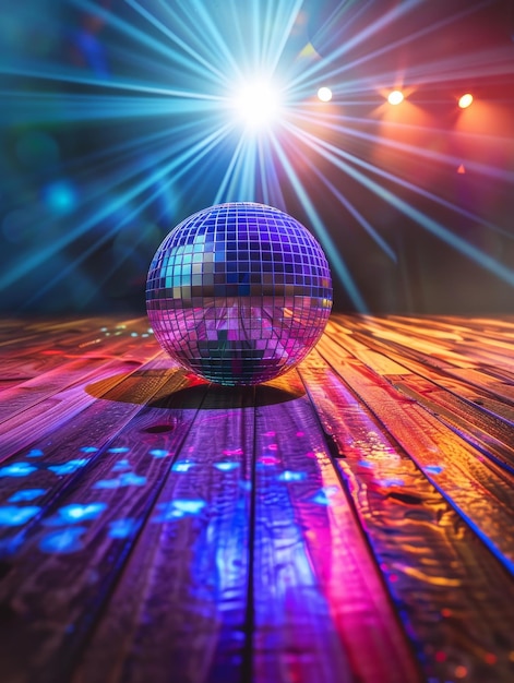 Foto uma bola de discoteca lança um feitiço de tons rosa e azul em uma pista de dança de madeira simbolizando a experiência clássica da vida noturna. a iluminação teatral prepara o palco para uma noite de dança.