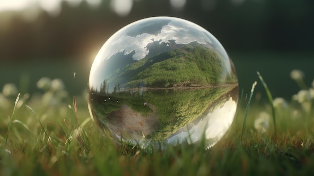 Uma bola de espelho na grama com o reflexo de uma montanha ao fundo.