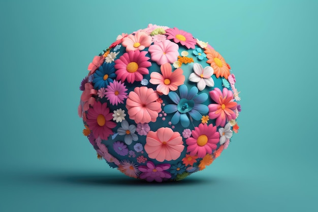 Uma bola de flores é cercada por um fundo azul