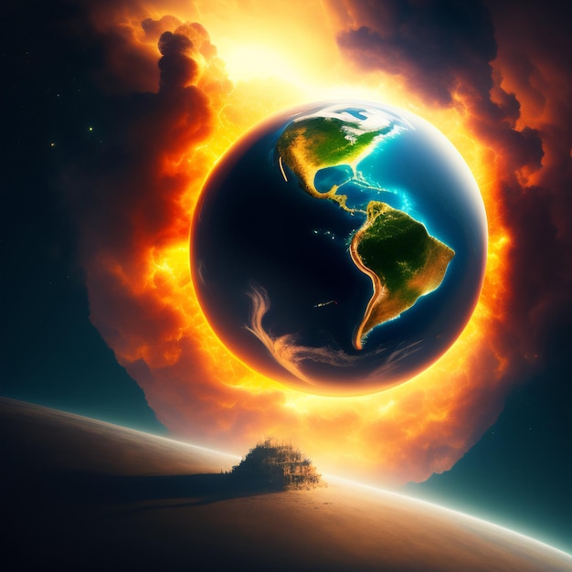 Uma bola de fogo com a terra é cercada por um planeta.