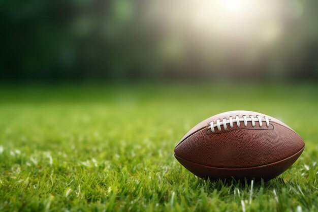 Uma bola de futebol americano em um fundo de grama verde