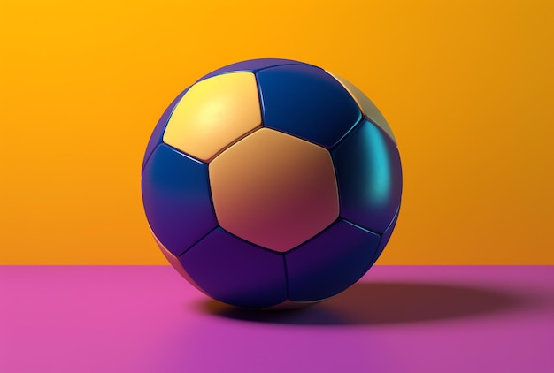 Uma bola de futebol azul e amarela está sobre um fundo roxo e amarelo.