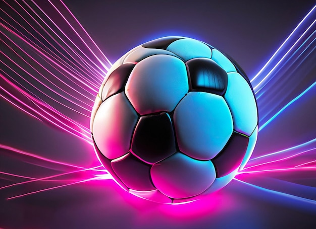 Uma bola de futebol com luzes rosa e azuis