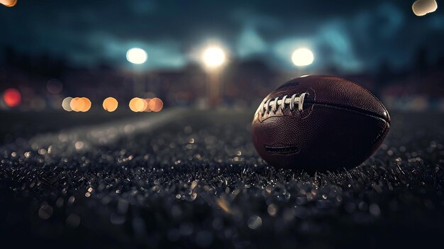 Foto uma bola de futebol deitada no chão com as luzes acesas no fundo