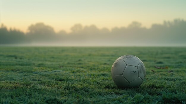 Uma bola de futebol desgastada fica em um campo de orvalho com a névoa da manhã ao fundo