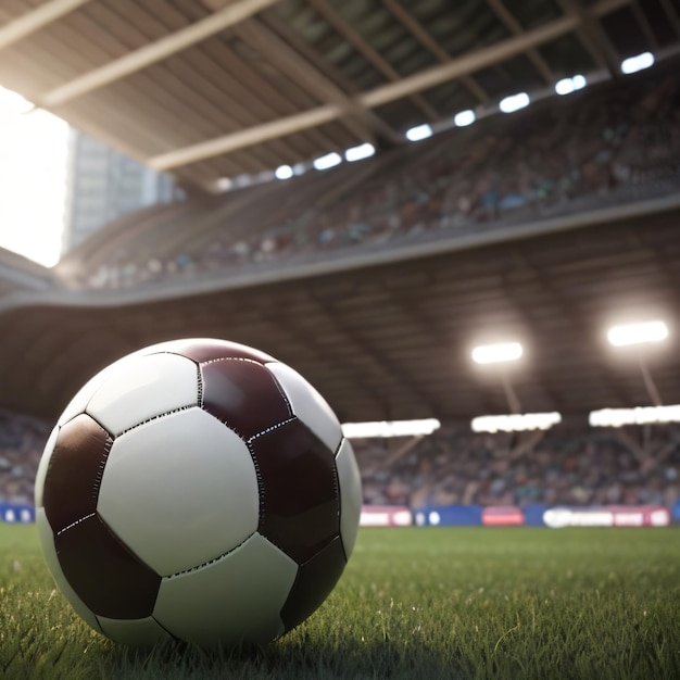 Uma bola de futebol está em um campo em frente a um estádio cheio de gente.