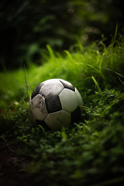 Uma bola de futebol está na grama com a palavra futebol nela.