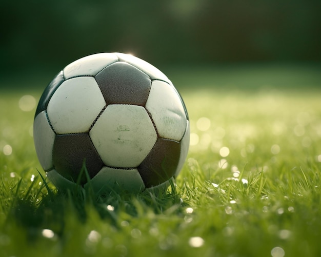 Uma bola de futebol está parada na grama em um dia ensolarado.