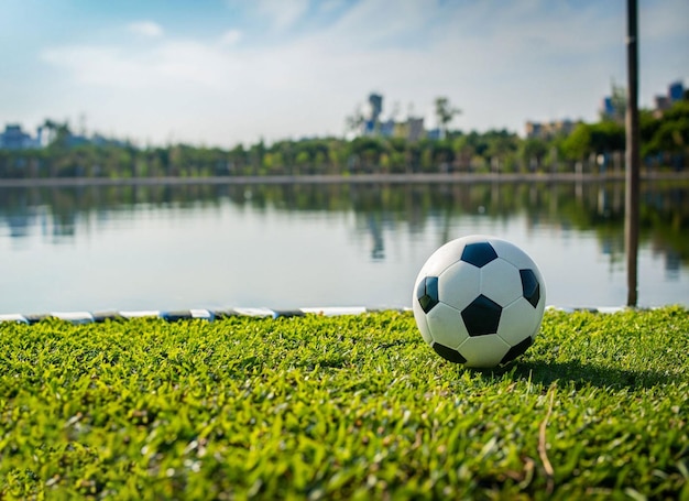 Uma bola de futebol fica na grama em frente a um lago
