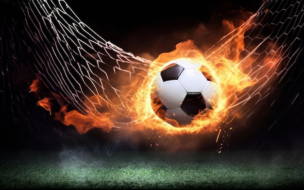 Uma bola de futebol pegando fogo na rede do gol com chamas