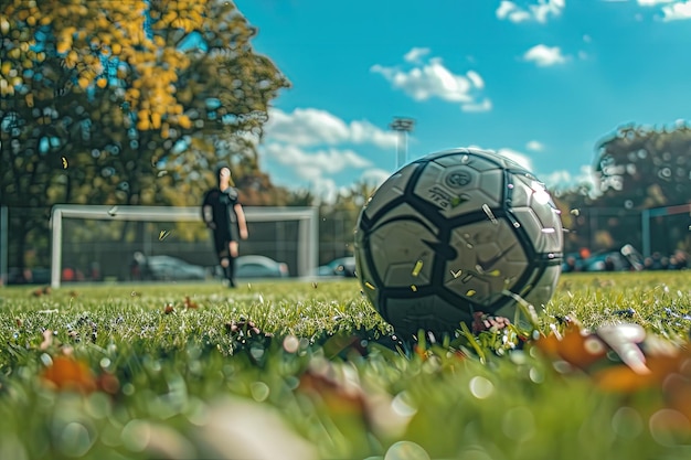 Uma bola de futebol sentada no topo de um campo verde exuberante