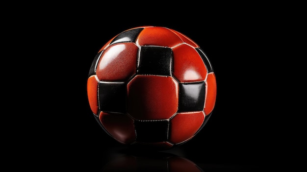 uma bola de futebol vermelha com quadrados pretos e quadrados vermelhos sobre fundo preto.