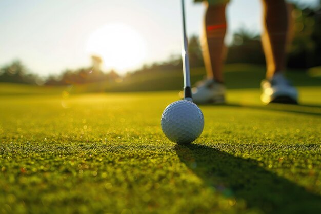 Uma bola de golfe em um tee com uma pessoa ao fundo