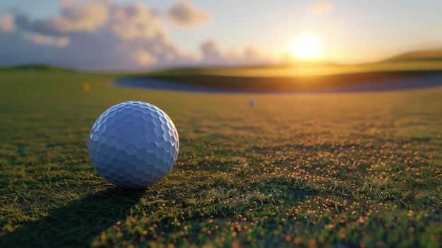 Uma bola de golfe está sentada em um campo verde com um pôr-do-sol no fundo