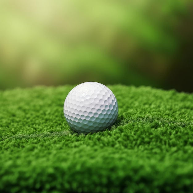 Uma bola de golfe está sobre um tapete verde em frente a um fundo verde.