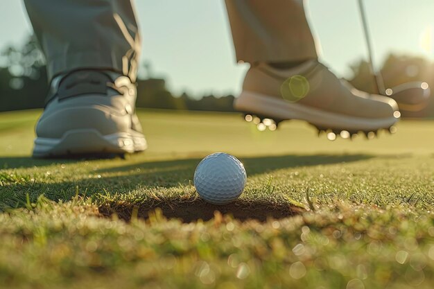 Uma bola de golfe sentada no meio de um buraco