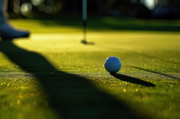 Uma bola de golfe sentada no topo de um campo verde