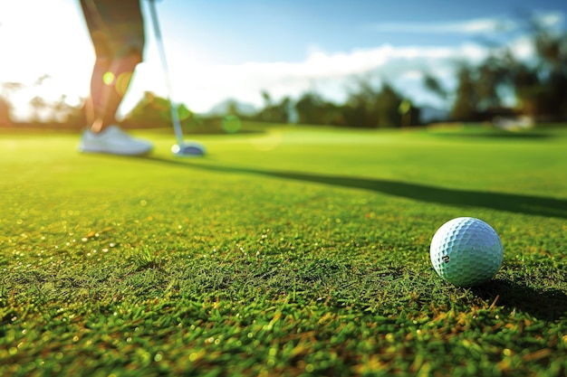 Uma bola de golfe sentada no topo de um campo verde