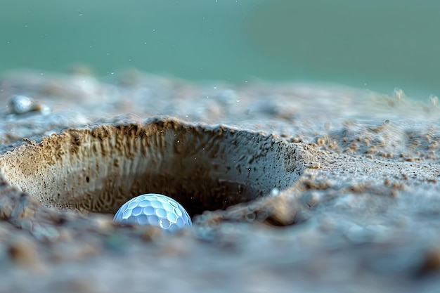 Uma bola de golfe sentada num buraco na areia.