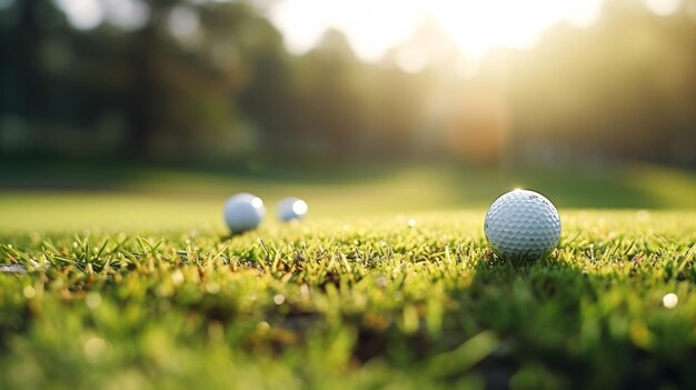 Uma bola de golfe supermagnificada empoleirada no topo de um tee cercada por motoristas nos links