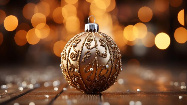 Uma bola de ouro de decoração sobre uma mesa símbolo de Natal IA geradora