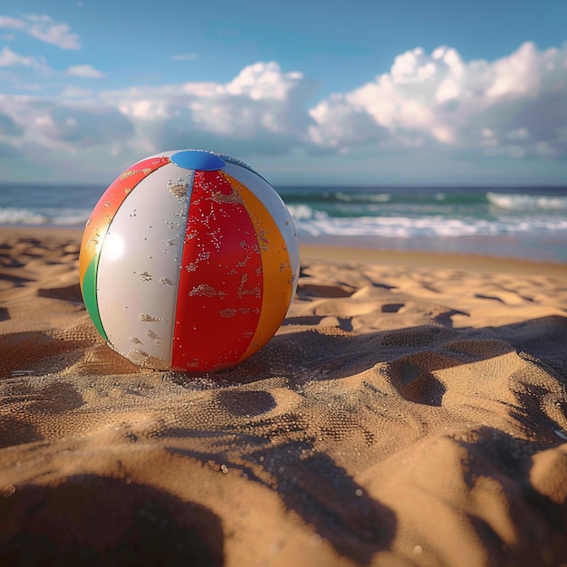 Uma bola de praia alegre repousa na areia beijada pelo sol, o epítome do verão para as redes sociais.