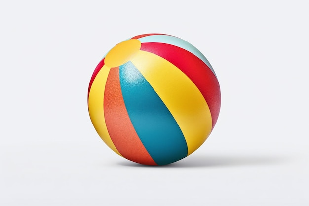 Uma bola de praia listrada colorida está sentada sobre um fundo branco.