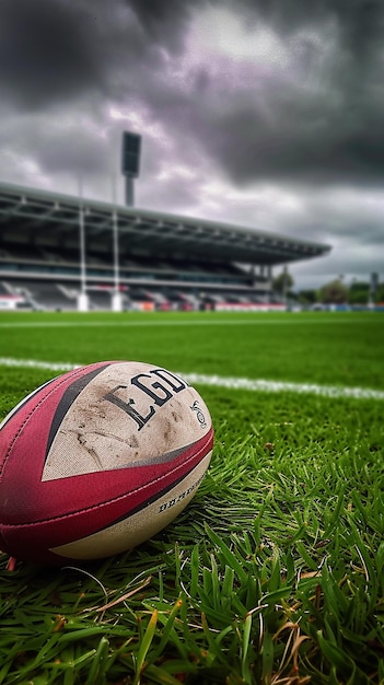 Uma bola de rugby num estádio de futebol profissional