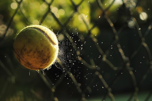 Uma bola de tênis batendo em uma rede de quadra de tênis