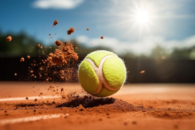 Uma bola de tênis em movimento chutando poeira em uma quadra de barro sob o sol brilhante